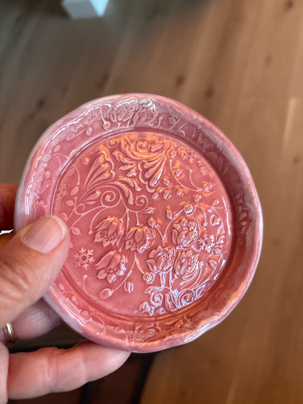 Handmade Roses Mauve Ceramic Dish, Dainty Raised Floral, Jewelry, Tea Bag, Sweet